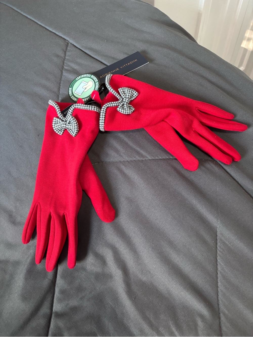 Adrienne Vittadini Red Gloves with Houndstooth Bow Trim